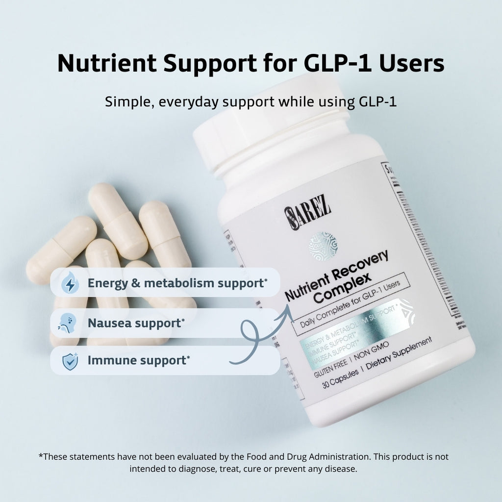 Complejo Nutricional Diario Sarez – Multivitamínico de Apoyo GLP-1 con Hierro, Complejo B, Jengibre y K2 – Energía, Metabolismo, Sistema Inmunitario y Apoyo para las Náuseas – Suministro para 30 días