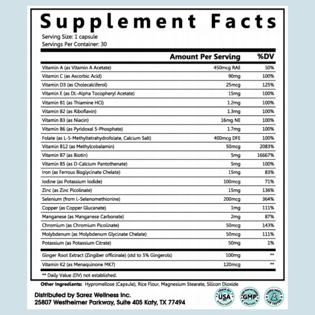 Complejo Nutricional Diario Sarez – Multivitamínico de Apoyo GLP-1 con Hierro, Complejo B, Jengibre y K2 – Energía, Metabolismo, Sistema Inmunitario y Apoyo para las Náuseas – Suministro para 30 días